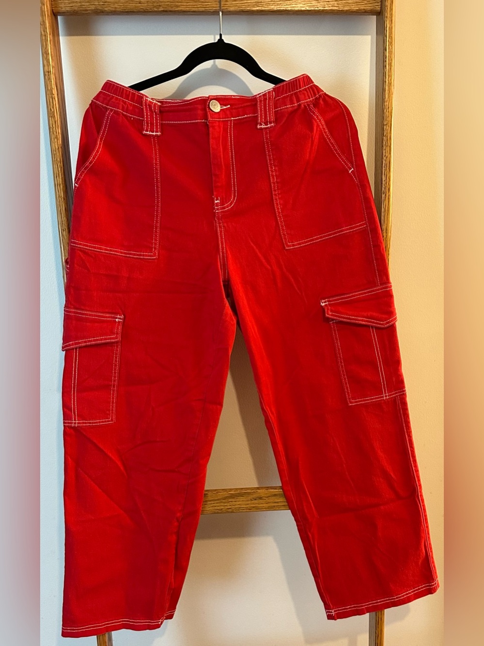 Bright Red Cargo Pants with Contrast Stitching